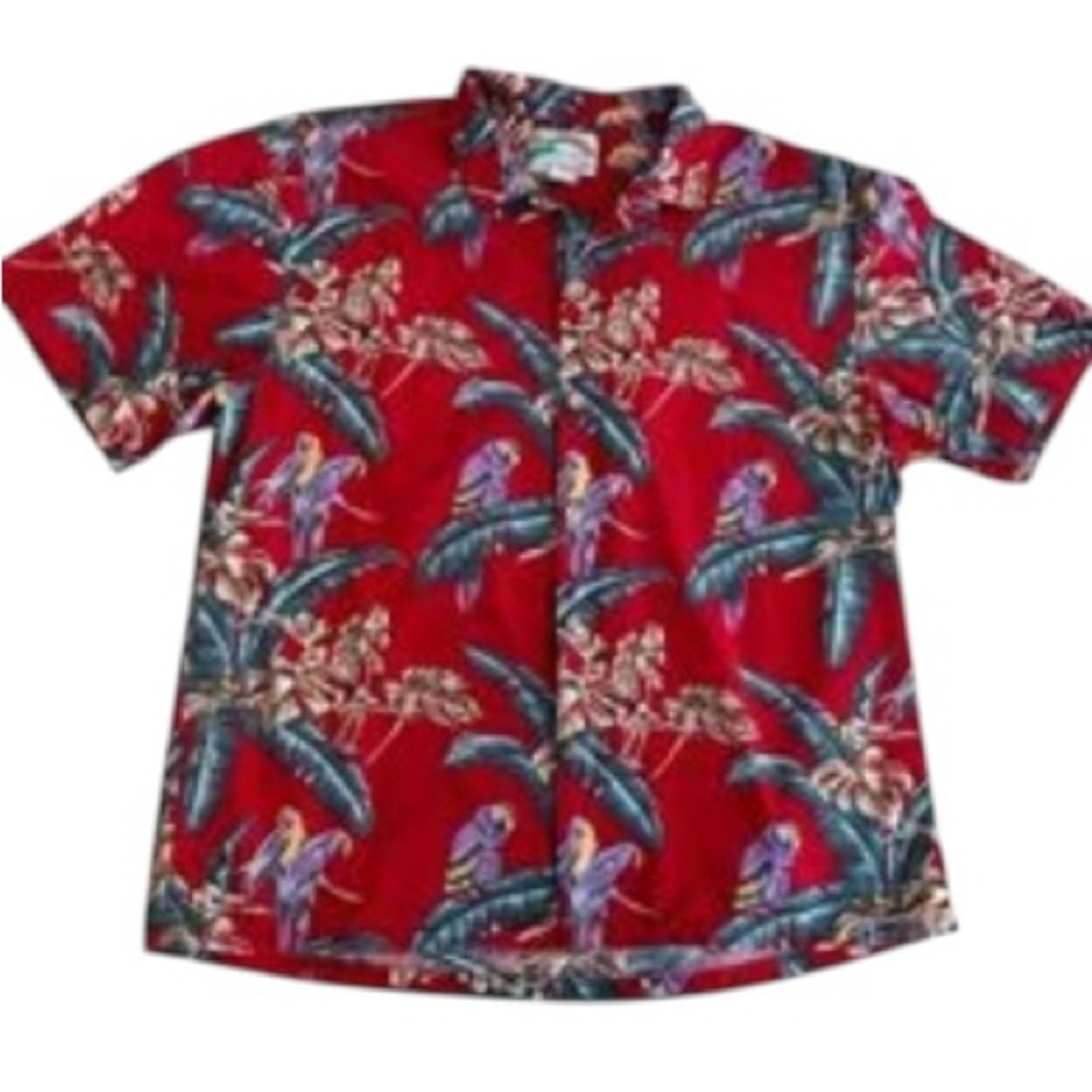 Vintage Paradise Found red Hawaiian Honolulu parrots men’s button down shirt‎